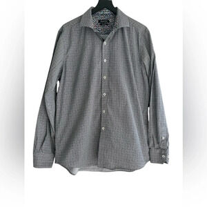 Men's Bugatchi Classic Fit Dress Shirt Black & Wht Print Long Sleeve Button Up L